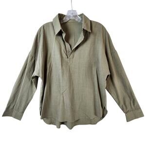 Linen Blend Shirt Long Sleeve Unisex Large Army Green Relaxed Fit